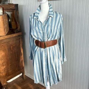 Blue and White Striped Knee-Length Shirt Dress